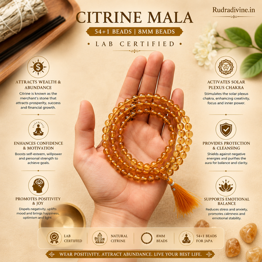 Citrine Mala 54+1 Beads crafted with premium natural 8MM Citrine gemstone beads, official Lab Certificate and Pre-Energized by Rudradivine for meditation, prosperity and spiritual wellness.