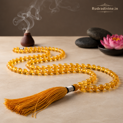 Citrine Mala 54+1 Beads crafted with premium natural 8MM Citrine gemstone beads, official Lab Certificate and Pre-Energized by Rudradivine for meditation, prosperity and spiritual wellness.