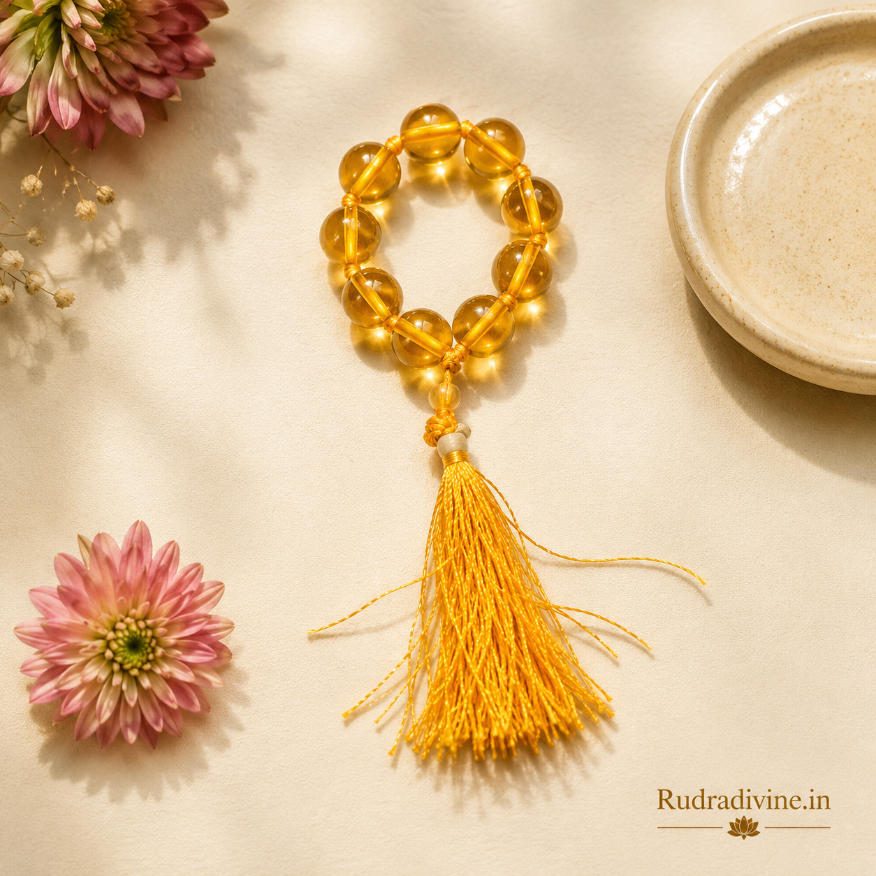 Citrine Mala 9+1 Beads crafted with premium natural 8MM Citrine gemstone beads, official Lab Certificate and Pre-Energized by Rudradivine for meditation, prosperity and spiritual wellness.