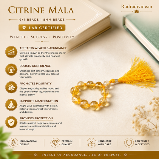 Citrine Mala 9+1 Beads crafted with premium natural 8MM Citrine gemstone beads, official Lab Certificate and Pre-Energized by Rudradivine for meditation, prosperity and spiritual wellness.