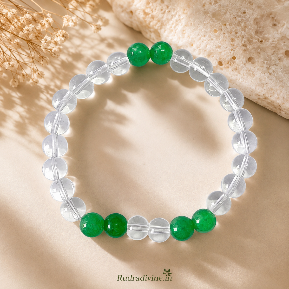 Clear Quartz & Aventurine Crystal Healing Bracelet with natural 8MM crystal beads and official Lab Certificate by Rudradivine for clarity, positivity, balance and spiritual wellness.