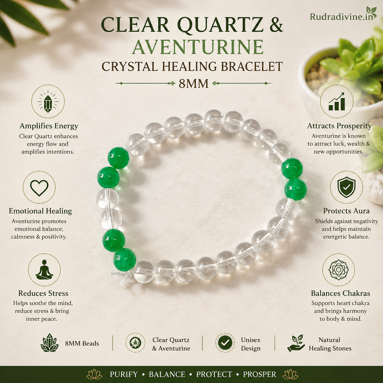 Clear Quartz & Aventurine Crystal Healing Bracelet with natural 8MM crystal beads and official Lab Certificate by Rudradivine for clarity, positivity, balance and spiritual wellness.