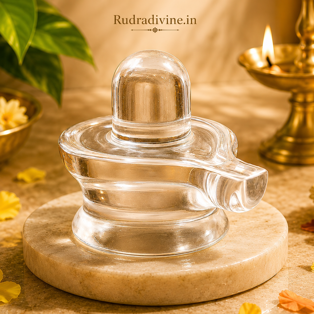 Crystal Shivling (Sphatik Shivling) made from natural quartz crystal with official Lab Certificate by Rudradivine for puja, meditation and spiritual devotion.