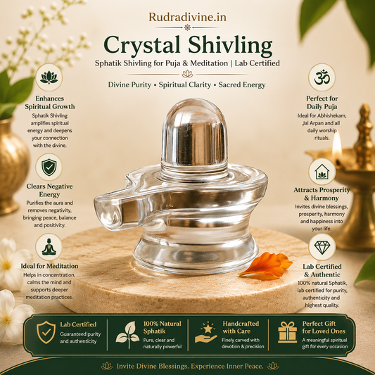 Crystal Shivling (Sphatik Shivling) made from natural quartz crystal with official Lab Certificate by Rudradivine for puja, meditation and spiritual devotion.