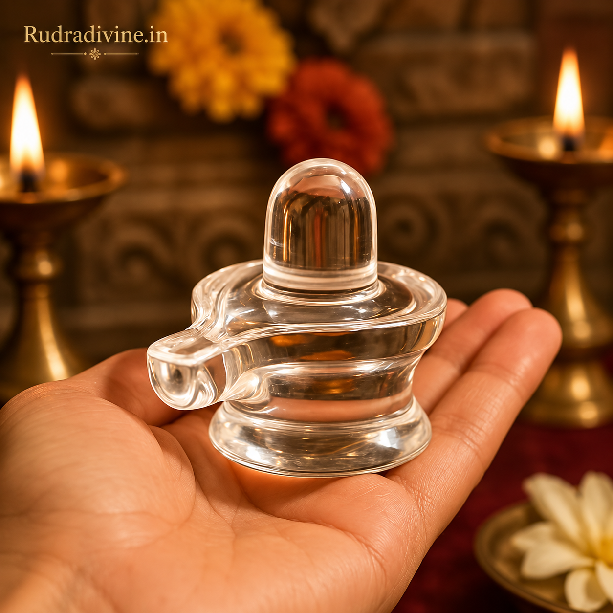 Crystal Shivling (Sphatik Shivling) made from natural quartz crystal with official Lab Certificate by Rudradivine for puja, meditation and spiritual devotion.