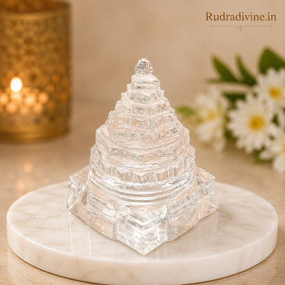 Crystal Shri Yantra (Sphatik Meru Yantra) crafted from natural crystal with official Lab Certificate by Rudradivine for prosperity, Vastu harmony, meditation and spiritual energy.