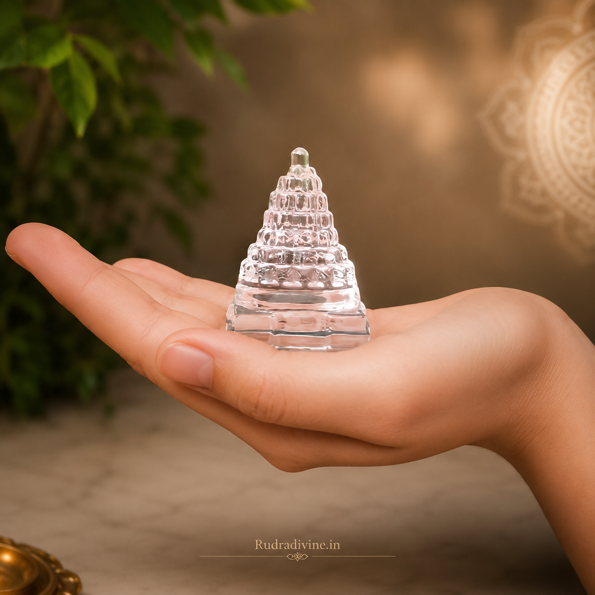 Crystal Shri Yantra (Sphatik Meru Yantra) crafted from natural crystal with official Lab Certificate by Rudradivine for prosperity, Vastu harmony, meditation and spiritual energy.