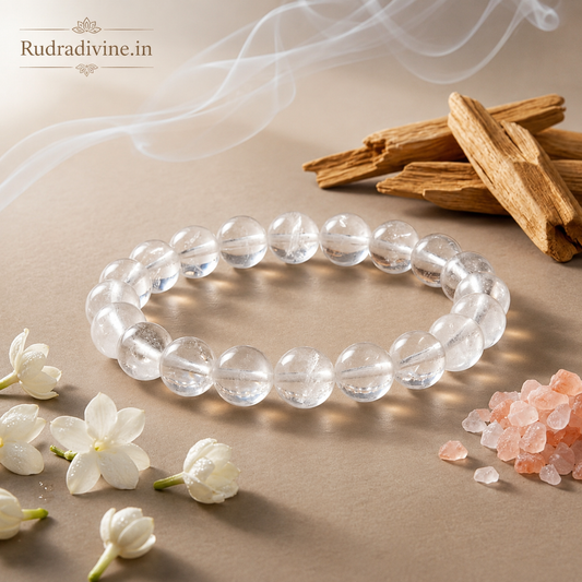 Crystal (Sphatik) Bracelet 8MM crafted from natural crystal quartz with official Lab Certificate by Rudradivine for peace, meditation and positive spiritual energy.