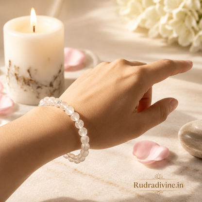 Crystal (Sphatik) Bracelet 8MM crafted from natural crystal quartz with official Lab Certificate by Rudradivine for peace, meditation and positive spiritual energy.