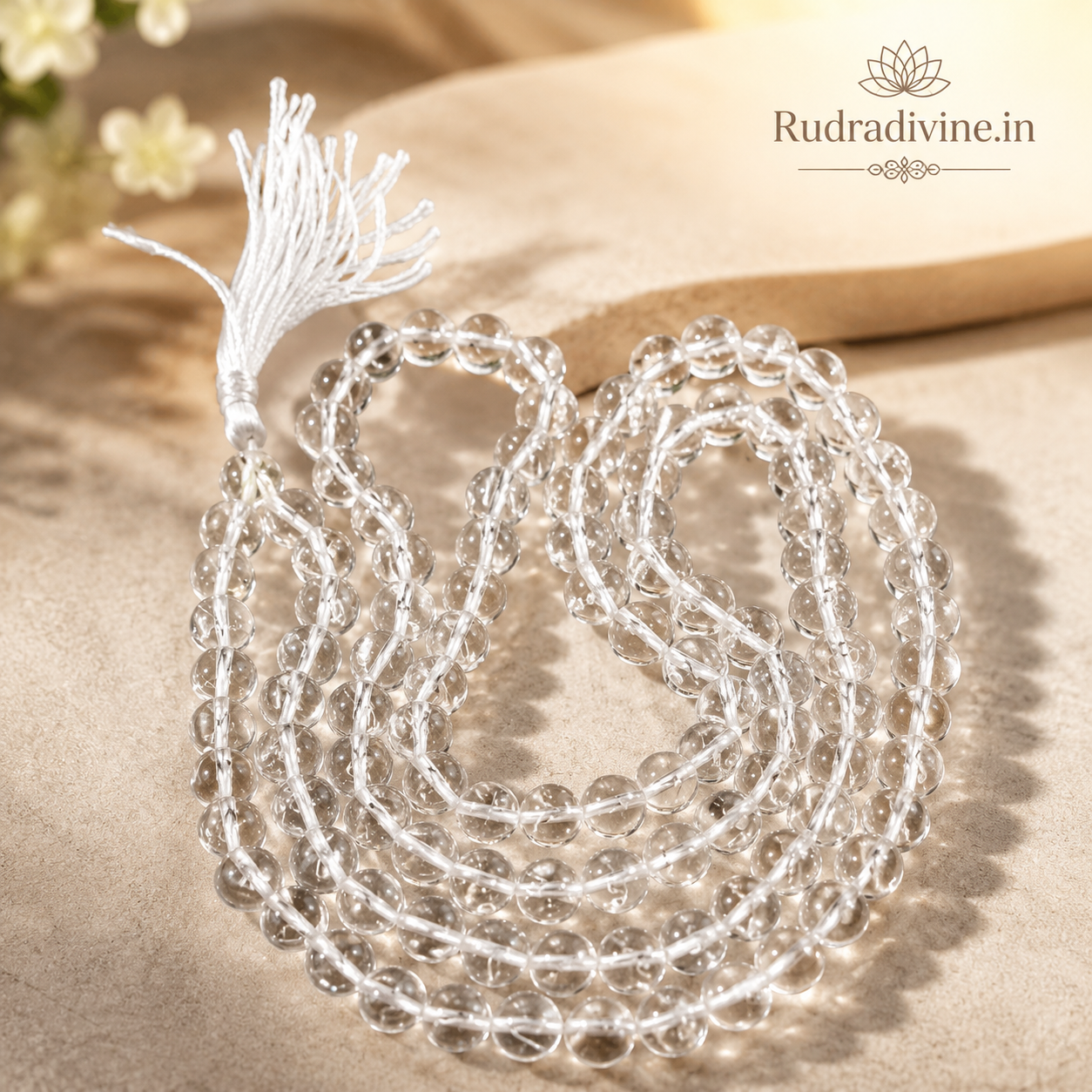 Crystal (Sphatik) Mala 108+1 Beads 6MM crafted from natural crystal quartz with official Lab Certificate by Rudradivine for meditation, peace and spiritual wellness.