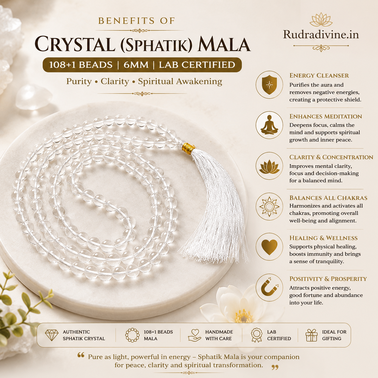 Crystal (Sphatik) Mala 108+1 Beads 6MM crafted from natural crystal quartz with official Lab Certificate by Rudradivine for meditation, peace and spiritual wellness.