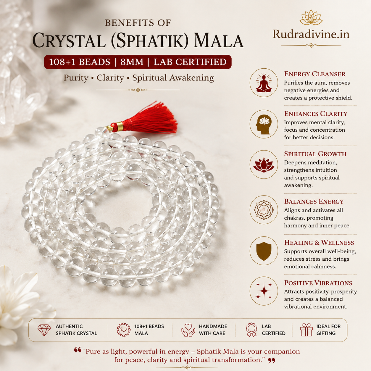 Crystal (Sphatik) Mala 108+1 Beads with natural 8MM crystal beads and official Lab Certificate by Rudradivine for meditation, spiritual healing and daily mantra chanting.