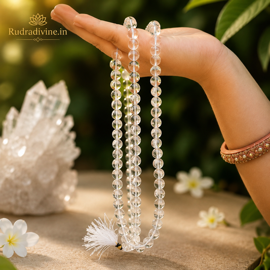 Crystal (Sphatik) Mala 108+1 Beads with natural 8MM crystal beads and official Lab Certificate by Rudradivine for meditation, spiritual healing and daily mantra chanting.