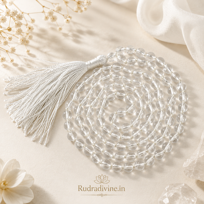 Crystal (Sphatik) Mala 108+1 Beads with natural 8MM crystal beads and official Lab Certificate by Rudradivine for meditation, spiritual healing and daily mantra chanting.