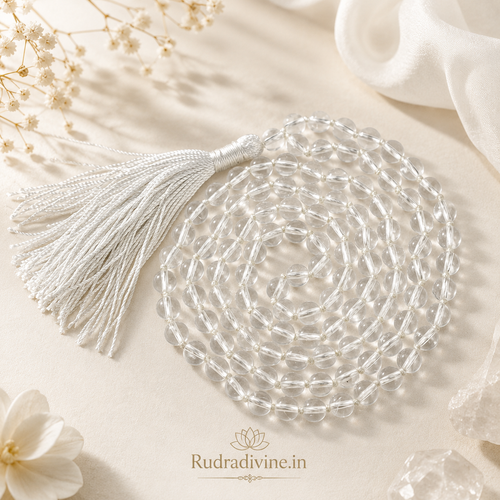 Crystal (Sphatik) Mala 108+1 Beads with natural 8MM crystal beads and official Lab Certificate by Rudradivine for meditation, spiritual healing and daily mantra chanting.