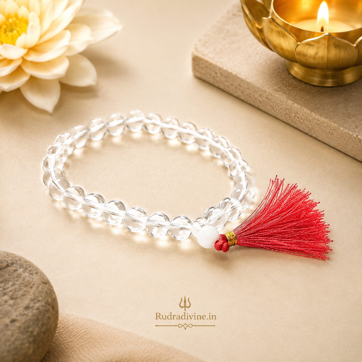 Crystal (Sphatik) Mala 27+1 Beads 8MM crafted with natural crystal quartz beads and official Lab Certificate by Rudradivine for meditation, positivity and spiritual wellness.