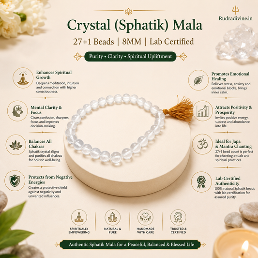 Crystal (Sphatik) Mala 27+1 Beads 8MM crafted with natural crystal quartz beads and official Lab Certificate by Rudradivine for meditation, positivity and spiritual wellness.