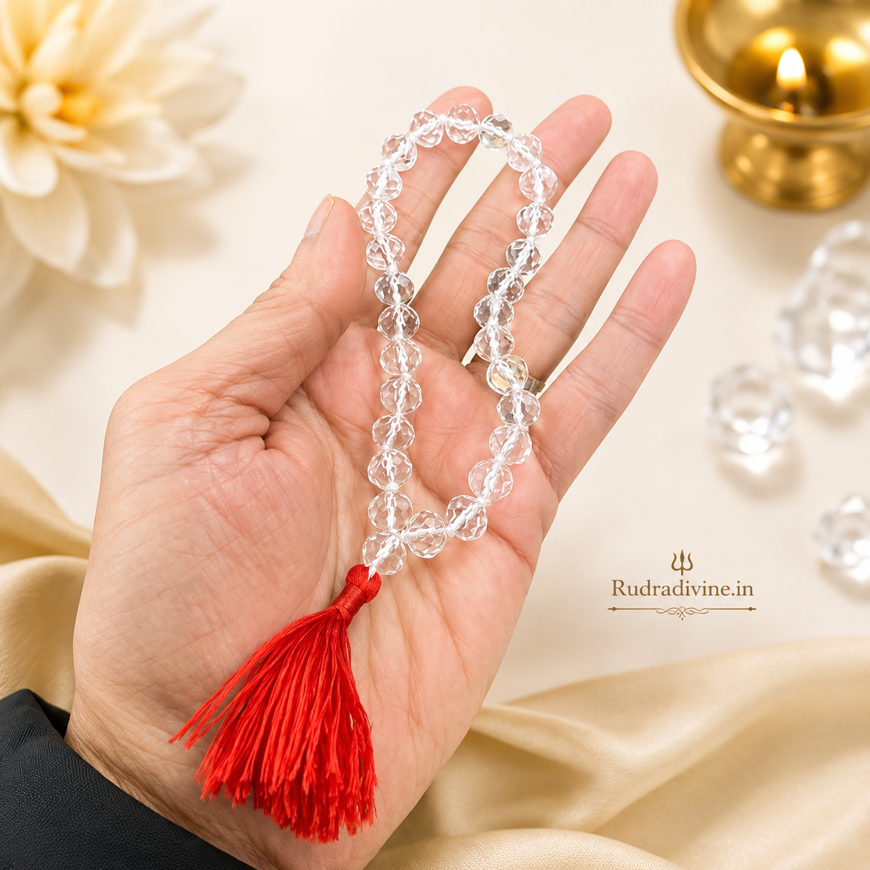 Crystal (Sphatik) Mala 27+1 Beads 8MM crafted with natural crystal quartz beads and official Lab Certificate by Rudradivine for meditation, positivity and spiritual wellness.