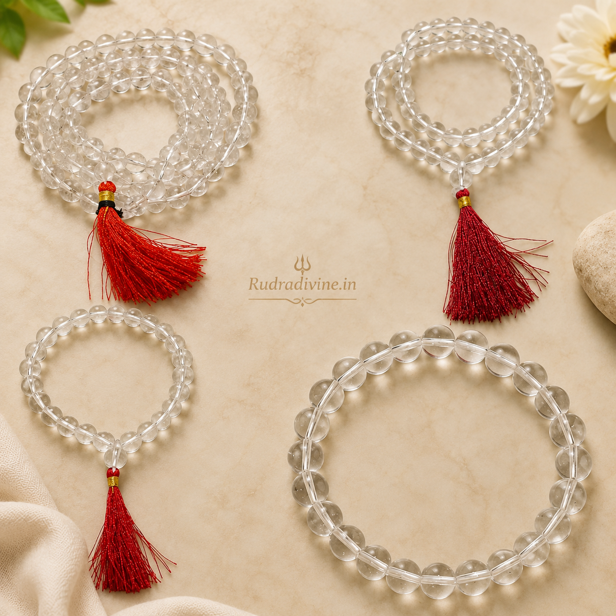 Crystal (Sphatik) Mala 27+1 Beads 8MM crafted with natural crystal quartz beads and official Lab Certificate by Rudradivine for meditation, positivity and spiritual wellness.