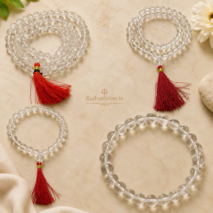 Crystal (Sphatik) Mala 27+1 Beads 8MM crafted with natural crystal quartz beads and official Lab Certificate by Rudradivine for meditation, positivity and spiritual wellness.