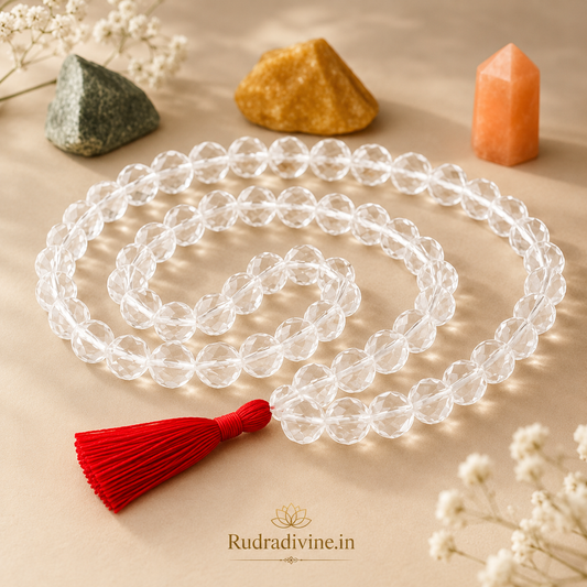 Crystal (Sphatik) Mala 54+1 Beads with natural 8MM crystal beads and official Lab Certificate by Rudradivine for meditation, peace and spiritual healing.
