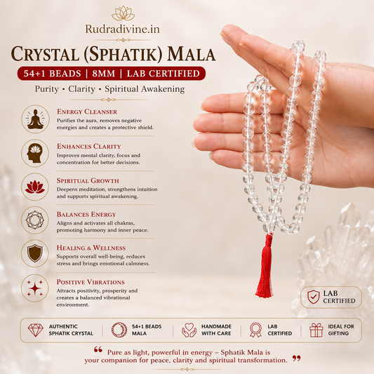 Crystal (Sphatik) Mala 54+1 Beads with natural 8MM crystal beads and official Lab Certificate by Rudradivine for meditation, peace and spiritual healing.