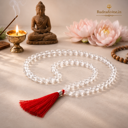 Crystal (Sphatik) Mala 54+1 Beads with natural 8MM crystal beads and official Lab Certificate by Rudradivine for meditation, peace and spiritual healing.
