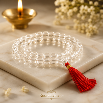 Crystal (Sphatik) Mala 54+1 Beads with natural 8MM crystal beads and official Lab Certificate by Rudradivine for meditation, peace and spiritual healing.