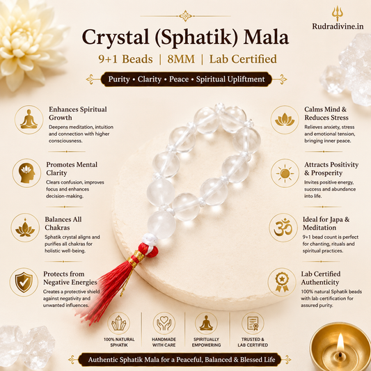 Crystal (Sphatik) Mala 9+1 Beads 8MM crafted with natural crystal quartz beads and official Lab Certificate by Rudradivine for meditation, positivity and spiritual wellness.