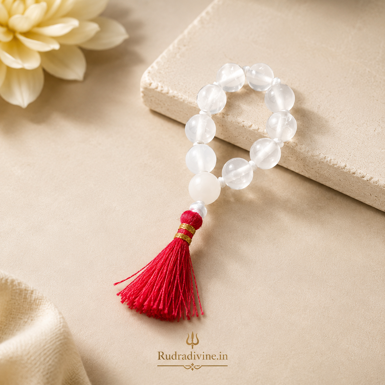 Crystal (Sphatik) Mala 9+1 Beads 8MM crafted with natural crystal quartz beads and official Lab Certificate by Rudradivine for meditation, positivity and spiritual wellness.