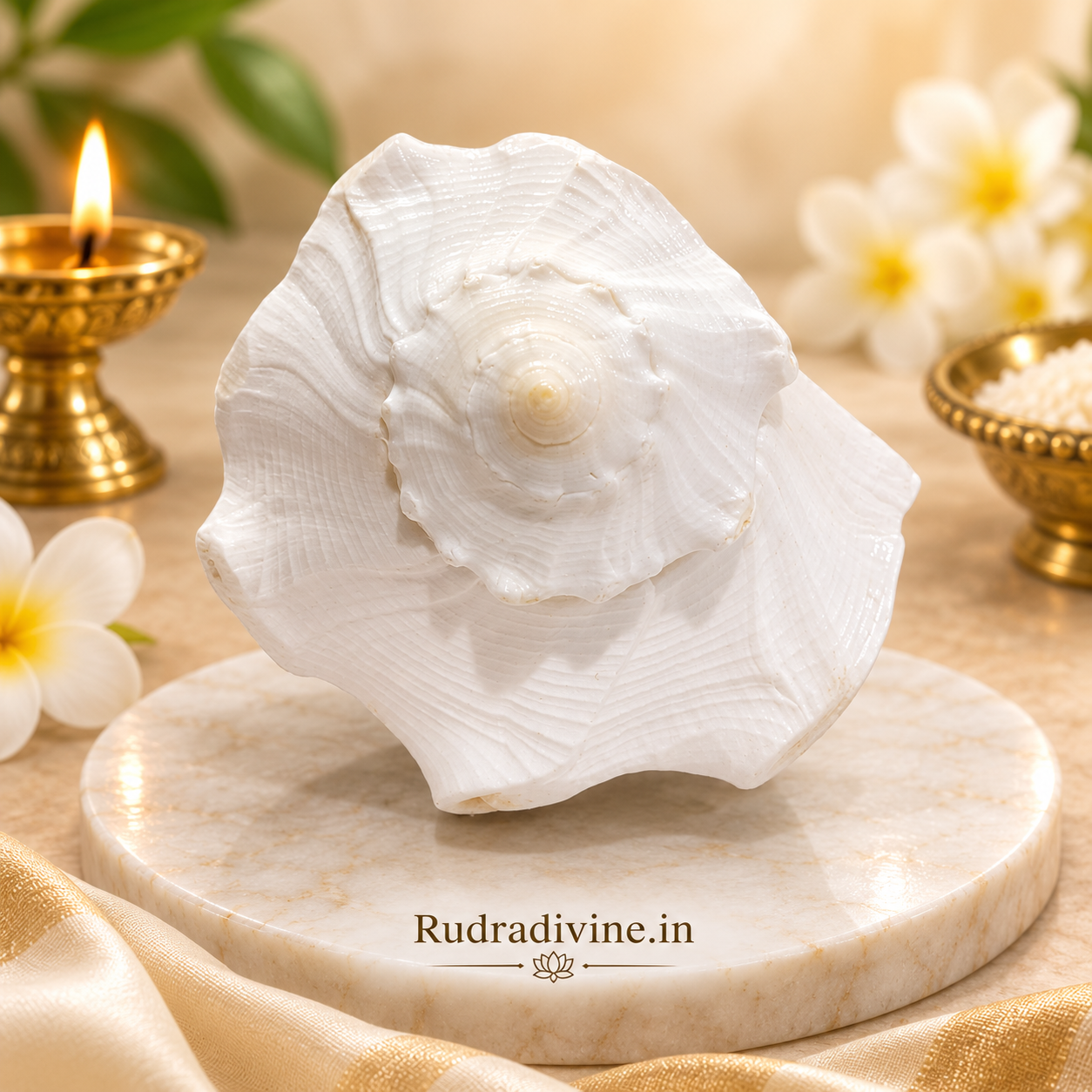 Original Dakshinavarti Shankh with free display stand and official Lab Certificate by Rudradivine, sacred conch for Lakshmi worship, Vastu, prosperity and daily spiritual rituals.