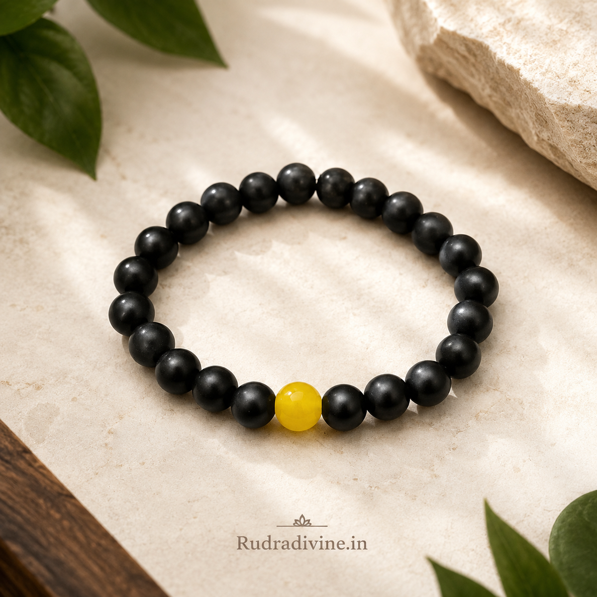 Ebony & Yellow Agate Bracelet with natural 8MM beads and official Lab Certificate by Rudradivine for spiritual wear, balance and positive energy.