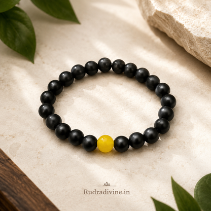 Ebony & Yellow Agate Bracelet with natural 8MM beads and official Lab Certificate by Rudradivine for spiritual wear, balance and positive energy.