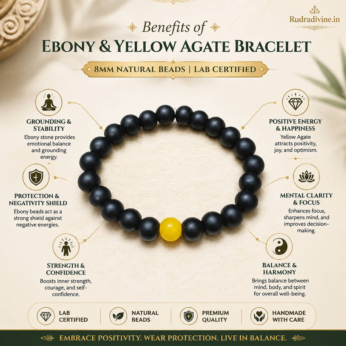 Ebony & Yellow Agate Bracelet with natural 8MM beads and official Lab Certificate by Rudradivine for spiritual wear, balance and positive energy.