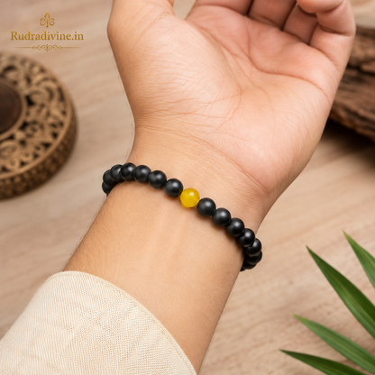 Ebony & Yellow Agate Bracelet with natural 8MM beads and official Lab Certificate by Rudradivine for spiritual wear, balance and positive energy.