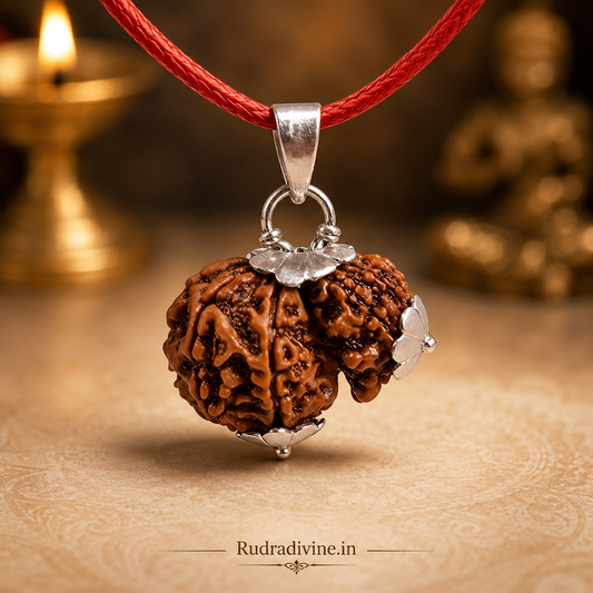 Original Garbh Gauri Rudraksha Pendant featuring naturally joined Rudraksha beads, associated with Goddess Parvati and Lord Ganesha, lab certified by Rudradivine for spiritual harmony, family unity, and meditation.