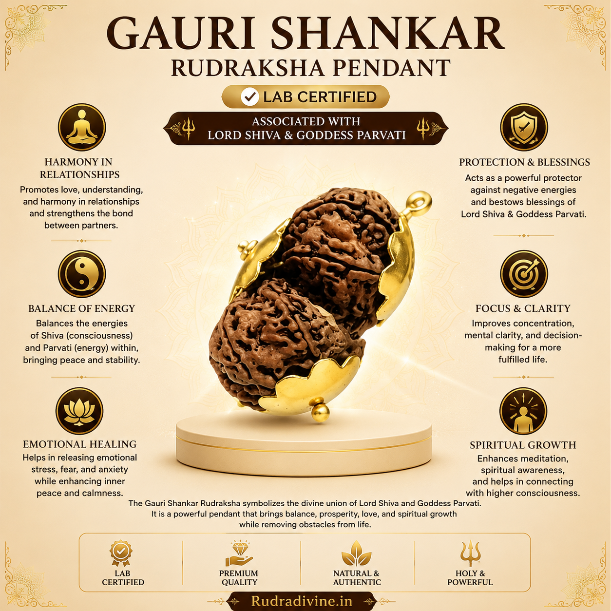Original Gauri Shankar Rudraksha Pendant associated with Lord Shiva and Goddess Parvati, lab certified natural Rudraksha by Rudradivine for harmony, meditation, devotion, and spiritual growth.