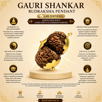 Original Gauri Shankar Rudraksha Pendant associated with Lord Shiva and Goddess Parvati, lab certified natural Rudraksha by Rudradivine for harmony, meditation, devotion, and spiritual growth.