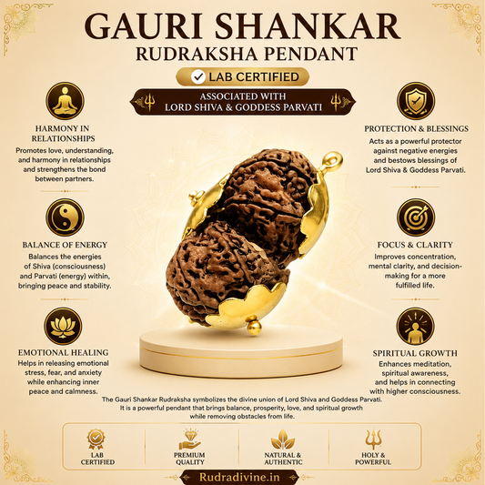 Original Gauri Shankar Rudraksha Pendant associated with Lord Shiva and Goddess Parvati, lab certified natural Rudraksha by Rudradivine for harmony, meditation, devotion, and spiritual growth.