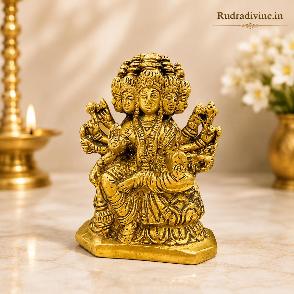 Gayatri Mata Brass Murti with official Lab Certificate by Rudradivine, premium brass idol for home temple, daily worship, spiritual blessings, wisdom and devotion.
