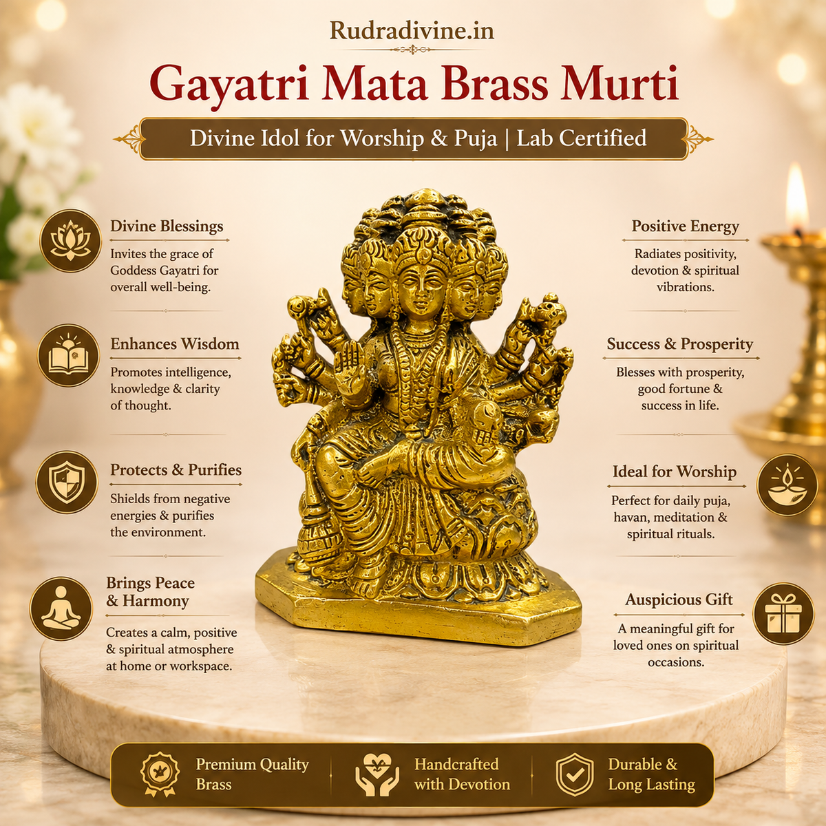 Gayatri Mata Brass Murti with official Lab Certificate by Rudradivine, premium brass idol for home temple, daily worship, spiritual blessings, wisdom and devotion.