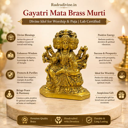 Gayatri Mata Brass Murti with official Lab Certificate by Rudradivine, premium brass idol for home temple, daily worship, spiritual blessings, wisdom and devotion.