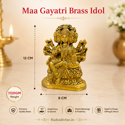 Gayatri Mata Brass Murti with official Lab Certificate by Rudradivine, premium brass idol for home temple, daily worship, spiritual blessings, wisdom and devotion.