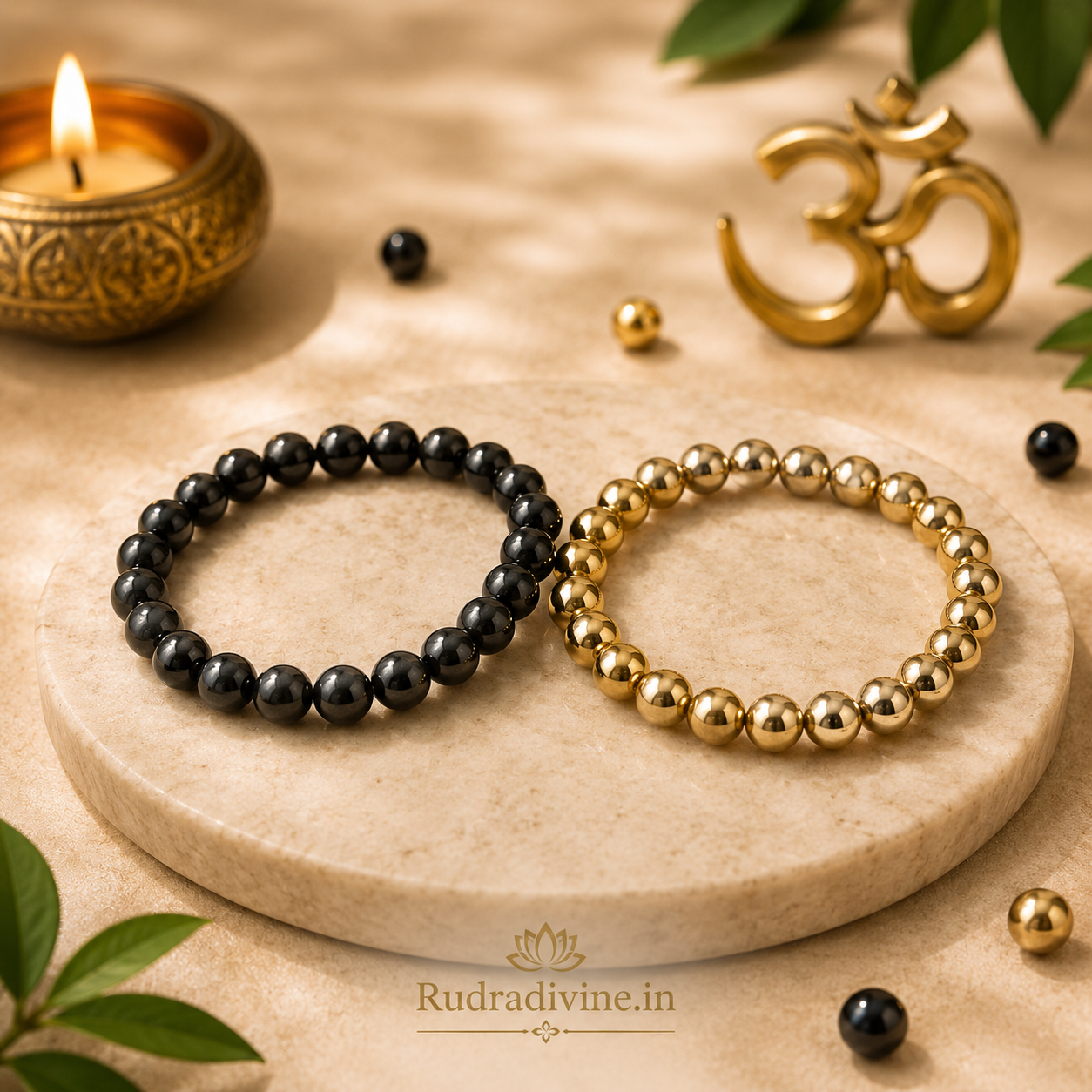Golden Pyrite & Black Obsidian Bracelet Combo with 8MM natural stone beads and official Lab Certificate by Rudradivine, traditionally associated with abundance, grounding and protection.