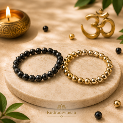 Golden Pyrite & Black Obsidian Bracelet Combo with 8MM natural stone beads and official Lab Certificate by Rudradivine, traditionally associated with abundance, grounding and protection.