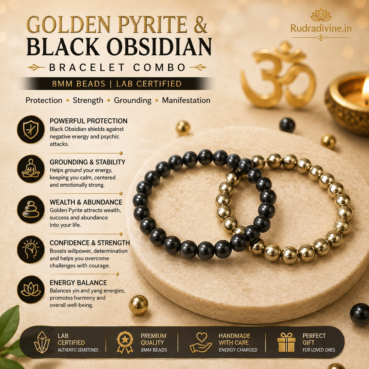Golden Pyrite & Black Obsidian Bracelet Combo with 8MM natural stone beads and official Lab Certificate by Rudradivine, traditionally associated with abundance, grounding and protection.
