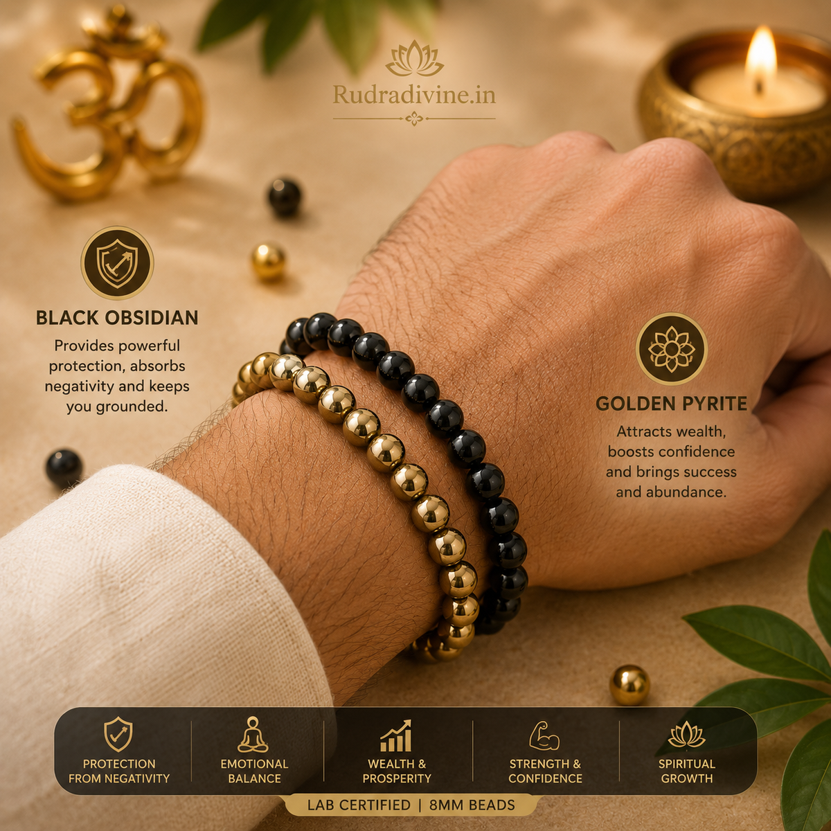 Golden Pyrite & Black Obsidian Bracelet Combo with 8MM natural stone beads and official Lab Certificate by Rudradivine, traditionally associated with abundance, grounding and protection.