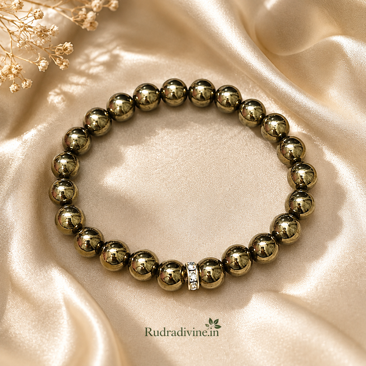 Golden Pyrite Bracelet with natural 8MM beads in a stretchable design and official Lab Certificate by Rudradivine for prosperity, abundance and spiritual wellness.