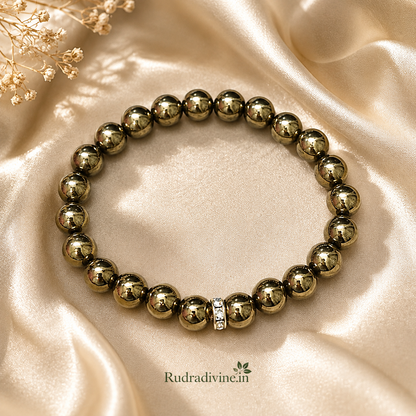 Golden Pyrite Bracelet with natural 8MM beads in a stretchable design and official Lab Certificate by Rudradivine for prosperity, abundance and spiritual wellness.