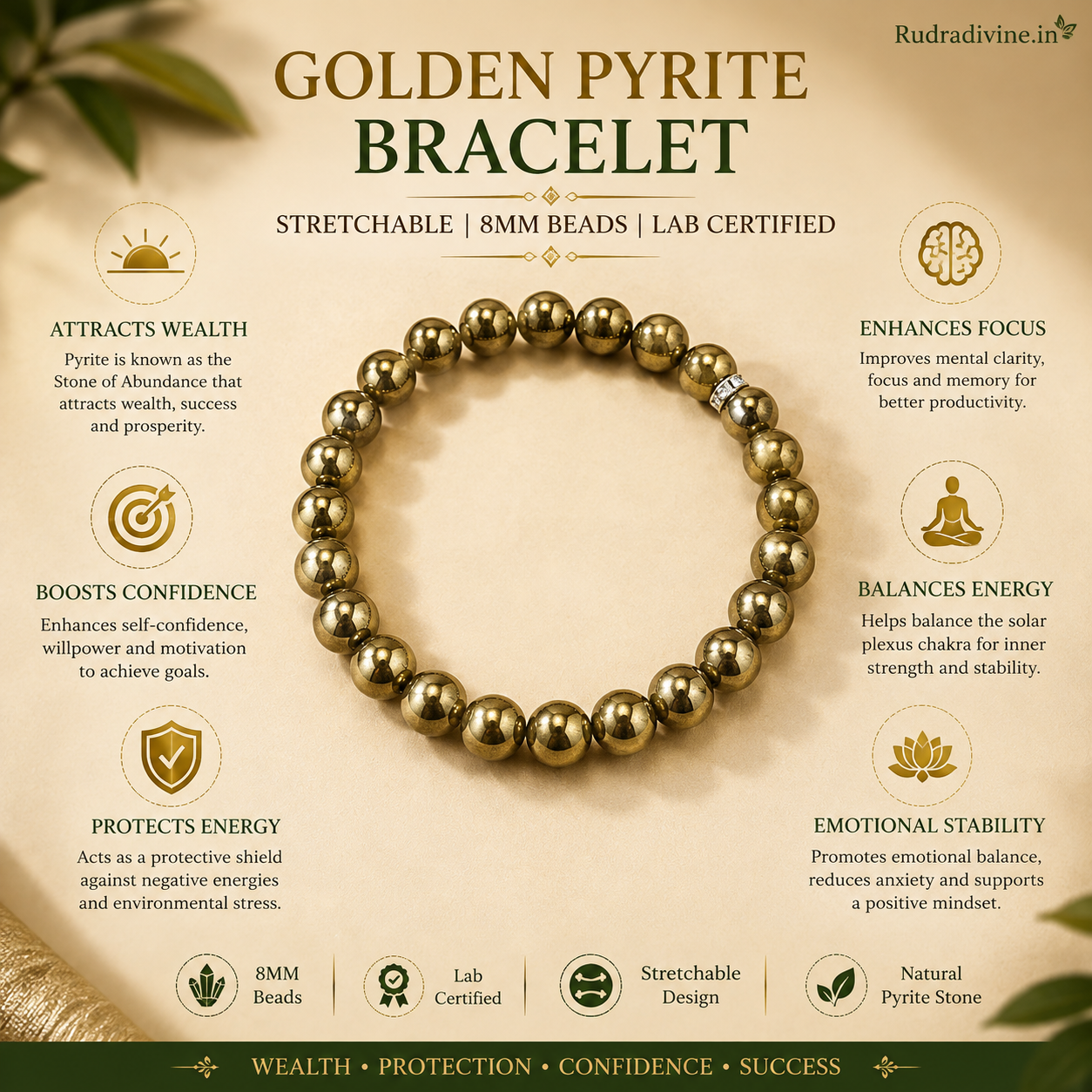 Golden Pyrite Bracelet with natural 8MM beads in a stretchable design and official Lab Certificate by Rudradivine for prosperity, abundance and spiritual wellness.